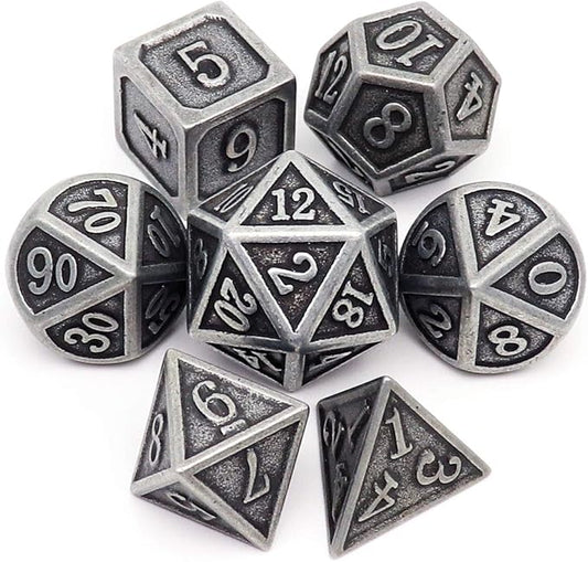 Haxtec Antique Iron Metal DND Dice Set Silver D&D Polyhedral Dice W/PU Leather by HaxtecDice
