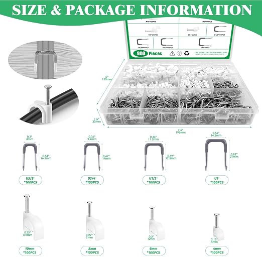 800Pcs 4mm 6mm 8mm 10mm J-Hook Ethernet Cable Nails Wire Clips - Image 2
