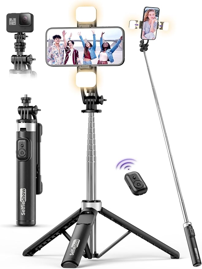 53'' Selfie Stick Tripod with Light, Extendable Selfie Stick with Remote by SelfieShow