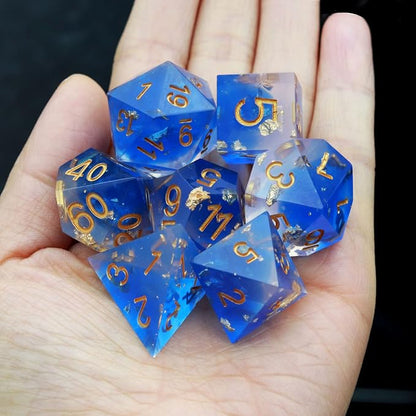 Haxtec Blue DND Dice Set Sharp Edge Resin Dice Gold Flakes - Image 6