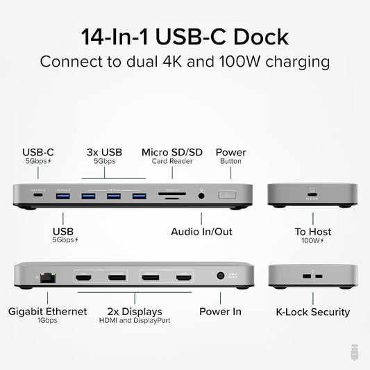 Plugable USB C Laptop Docking Station, Dual Monitor 4K 60Hz - Image 2