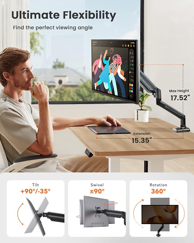 ErGear Single Monitor Arm for 13-34 inch Screens, Adjustable Gas Spring Monitor - Image 3