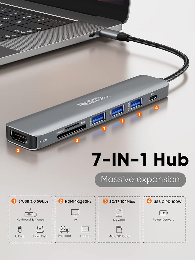 USB C Hub Multiport Adapter, CableCreation 7-in-1 USB C HDMI Hub - Image 2