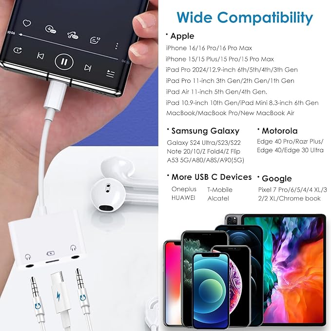 USB C to 3.5mm Audio Adapter, 3-in-1 Aux to USB C Headphone Splitter - Image 7