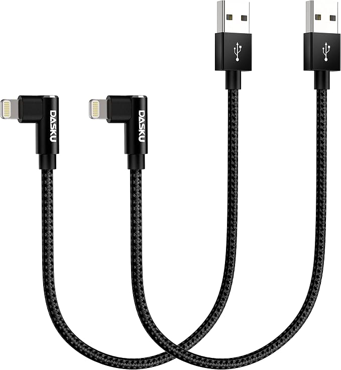 Short iPhone Charger 1FT 2Pack 12 inch 90 degree Lightning Cable Fast Nylon by Dasku