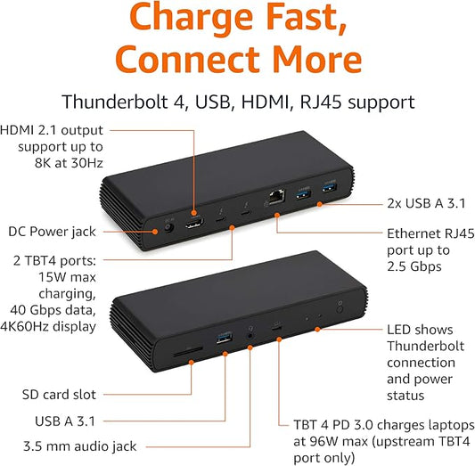 Amazon Basics Thunderbolt4/USB4 Pro Docking Station, 3xUSB A 3.1, Dual Display - Image 2