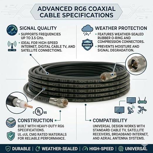 KUNOVA RG-6 Coaxial Cable with Compression Connectors, 3.5 GHz, Weather-Sealed - Image 2