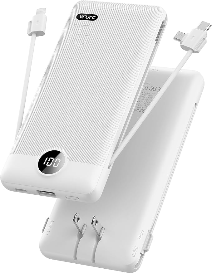 VRURC Portable Charger, Power Bank Built-in Cables and AC Wall Plug, USB C by Home
