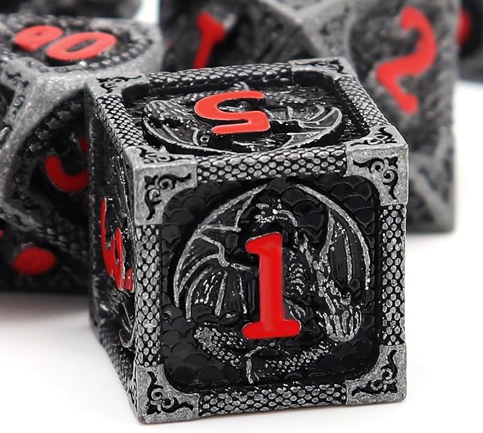 Haxtec Metal DND Dice Set Black Red Dragon D&D Dice Set by HaxtecDice