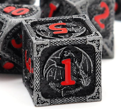 Haxtec Metal DND Dice Set Black Red Dragon D&D Dice Set by HaxtecDice