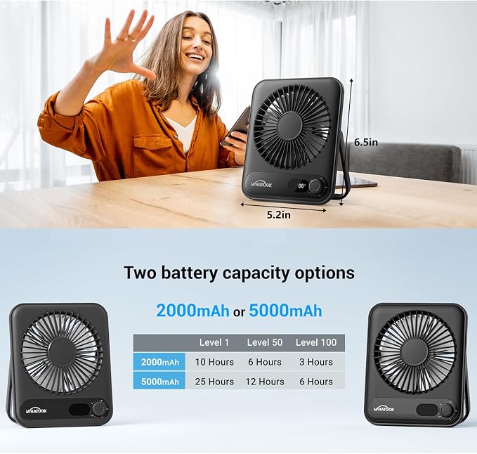 WHATOOK Small Desk Fan Personal Fans: 2000mah 10 Hours Battery Office Quiet - Image 6