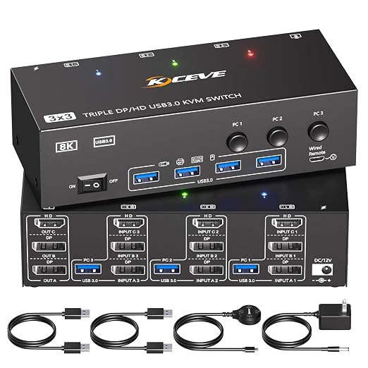 HDMI+2Displayport KVM Switch 3 Monitors 3 Computers 8K@60Hz 4K@144Hz, Triple by Unknown