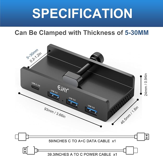 EJAY Mountable 4Ports USB3.0 HUB Alu Desktop Clamp Type C USB3.0 Splitter - Image 3