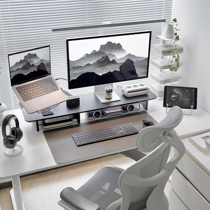 Bamboo Dual Monitor Stand Riser Black, 2-Tier Desk Monitor Riser - Image 3
