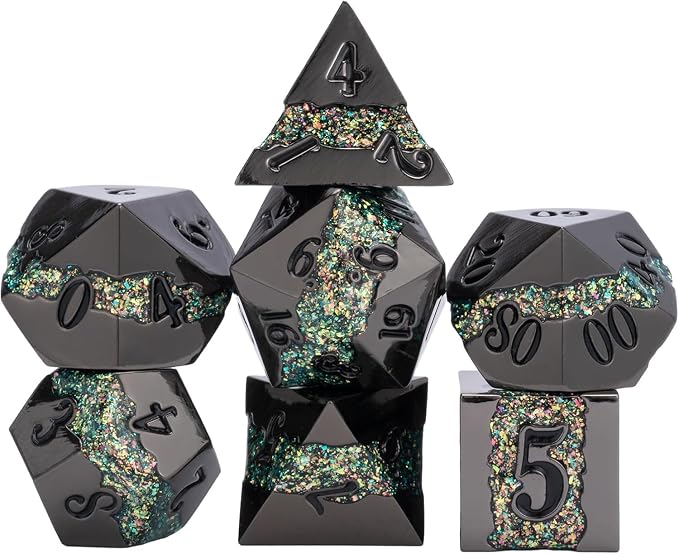 Black Glitter Metal Dice Set, Polyhedral Stripe DND Dice Set by Maywin