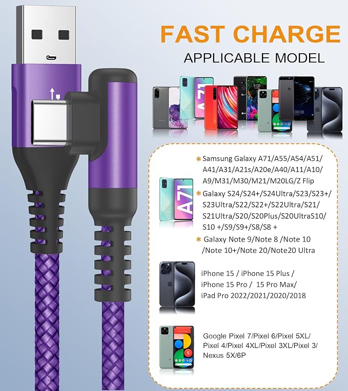 sweguard USB Type C Charger Cable Right Angle iPhone 16 Charger Nylon Braided - Image 2