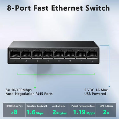 8 Port 100Mbps Fast Ethernet Switch USB 5V Powered Network Hub Plug and Play - Image 4