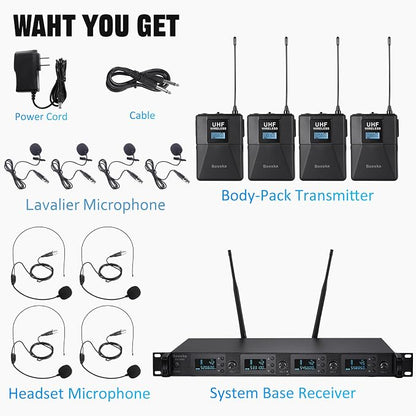 Wireless Microphone System 4 Channel UHF 4 Lavalier Lapel Headset Mics - Image 7