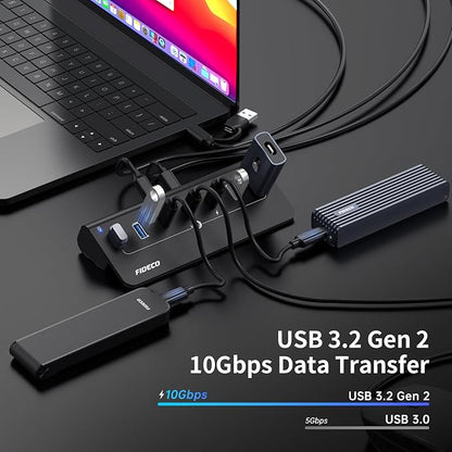 FIDECO Powered USB Hub, 7 Port USB 3.2 Gen 2, 10Gbps Fast Data Hub - Image 3