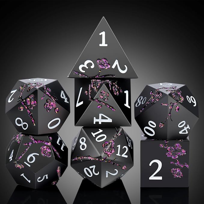 Glitter Purple Metal D&D Dice, DNDND 7 PCS Flower Metallic DND Dice Set - Image 6