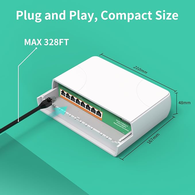 2 Pack 8 Port Gigabit PoE Switch Waterproof, 1000 Mbps 8 PoE+ Ports 120W - Image 7