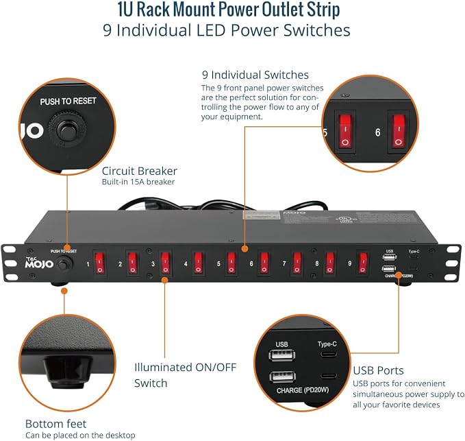 Tecmojo 9-Outlet Rack Mount Power Strip, 1U Horizontal PDU Individual Switch - Image 5