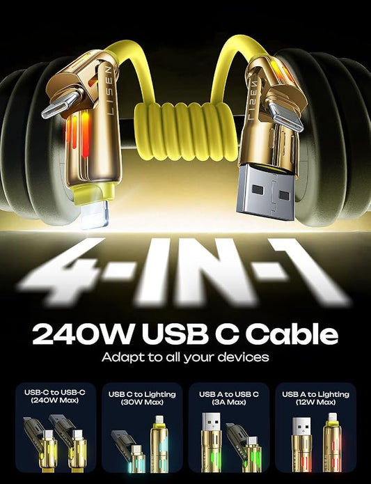 LISEN 6.6FT 240W 4-in-1 Multi Charging Cable, USB A/C to C/L, - Image 2