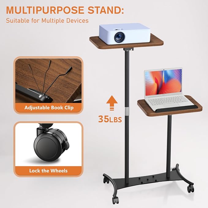 2 Shelves Projector Stand, Mobile Laptop Cart on Wheels Projector Stand - Image 8