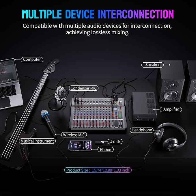 Professional DJ Audio Mixer, 12 Channel Audio Mixer, USB Interface, 12 XLR - Image 6