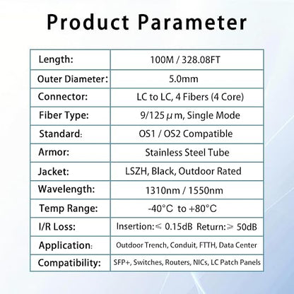 100M/328FT Outdoor Armored LC to LC Fiber Optic Cable, 4 Core OS2 Single Mode - Image 6