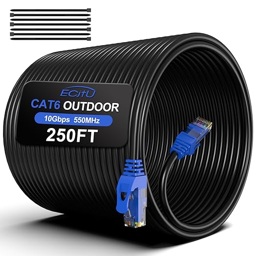 250FT Cat6 Outdoor Ethernet Cable, Heavy Duty Direct Burial, 24AWG CCA Patch by ECJTU-US