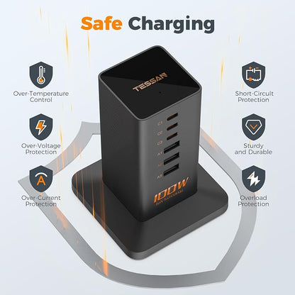 USB C Charger Blcok PD 100W, TESSAN 6-in-1 Charging Station - Image 3