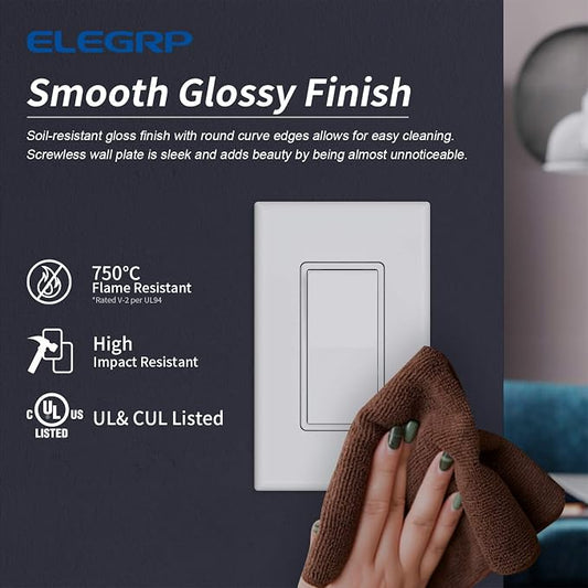 ELEGRP 1-Gang Glossy White Screwless Decorator Wall Plates, Standard Size - Image 2