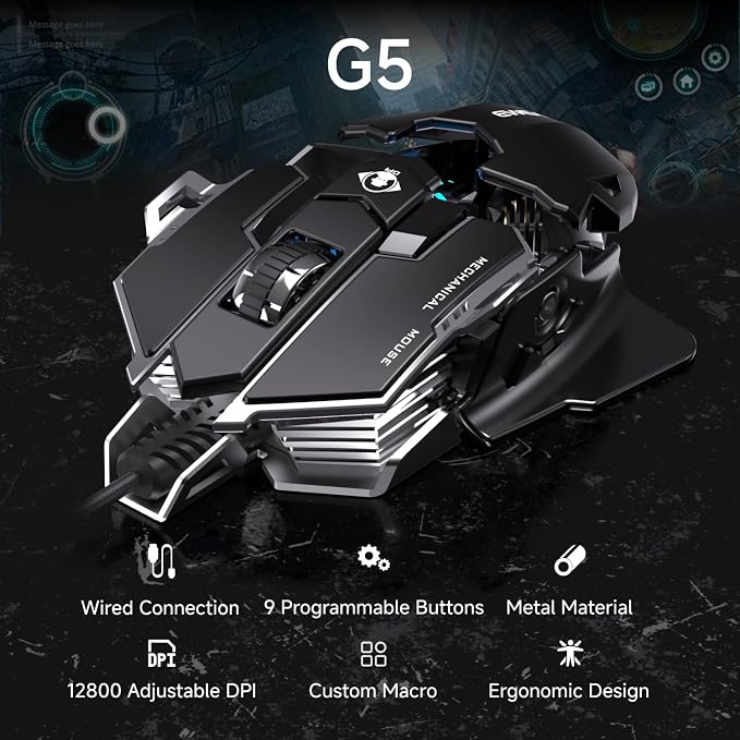 EWEADN G5 Wired Gaming Mouse, Ergonomic RGB Computer Mouse, 12800 Adjustable DPI - Image 2