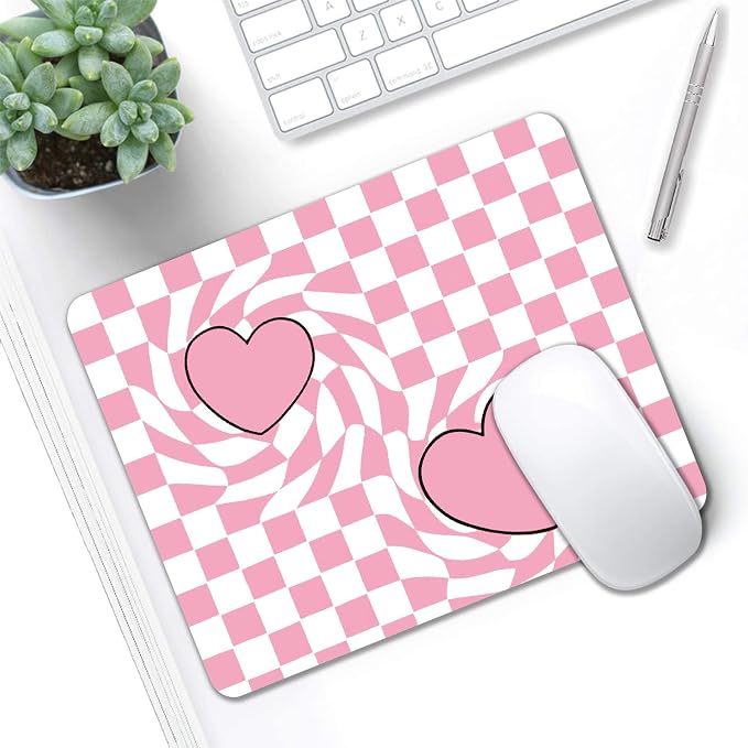 Mouse Pad, Cute Pink Checkered Heart Mouse Pads - Image 5