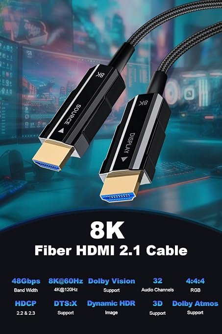 8K Long HDMI 2.1 Cable 100ft, Fiber Optic HDMI Braided Cord, High Speed Active - Image 3
