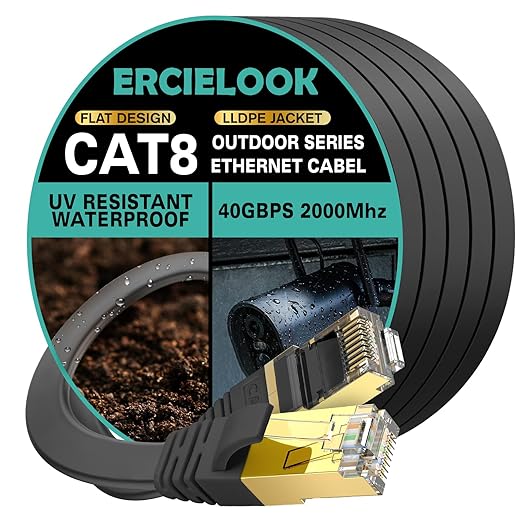 Ercielook CAT8 Ethernet Cable 150 ft High Speed, Shielded Flat Internet Cable by Ercielook