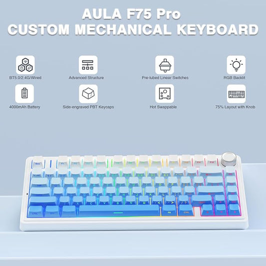 AULA F75 Pro Wireless Mechanical Keyboard, 75% Hot Swappable Custom Keyboard - Image 2