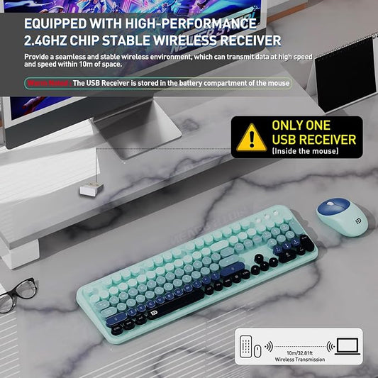 Wireless Keyboard and Mouse Set, 104 Round Keys Full-Size Cute Colorful - Image 2