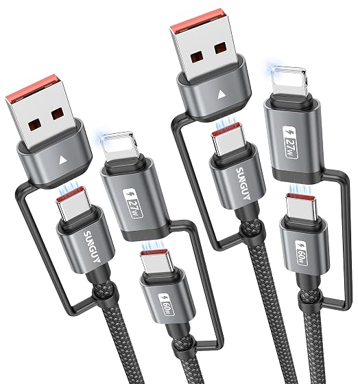 SUNGUY 4 in 1 Charging Cable 2FT, 60W Multi Charging Cable, USB-C/A to by SUNGUY