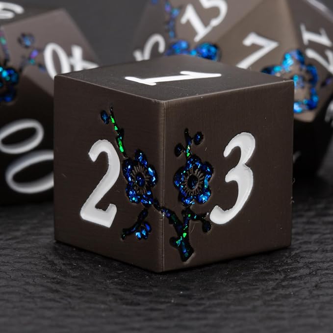 Metallic Glitter Flowe Dice Set, Metal Polyhedral RPG Dice - Image 3