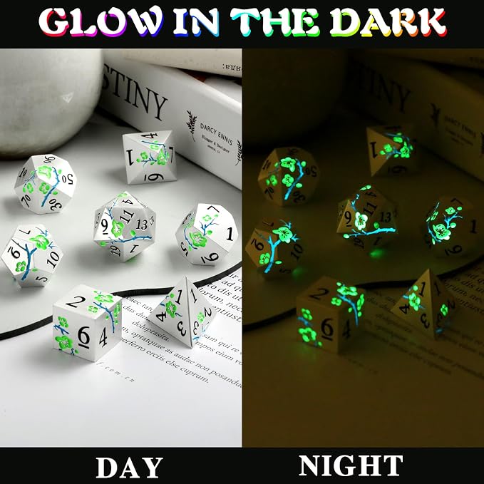 Glow in The Dark Metal Dice, DNDND 7 PCS Green Metallic D&D Dice Set - Image 3