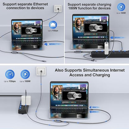 USB C to Ethernet Cable with Charging 6.6 Feet, USB-C Male 100W PD & Gigabit - Image 4