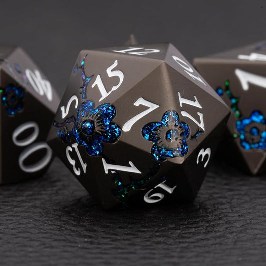 Metallic Glitter Flowe Dice Set, Metal Polyhedral RPG Dice - Image 2