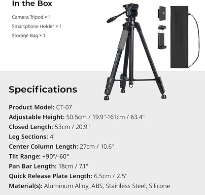 SmallRig CT-07 Aluminum Camera Tripod Stand, 63.4" Travel Tripod - Image 8