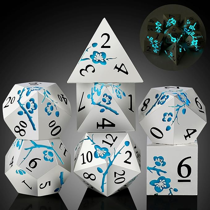 Glow in The Dark Flower Metal Dice, DNDND 7 PCS Blue Metallic D&D Dice Set by DNDND