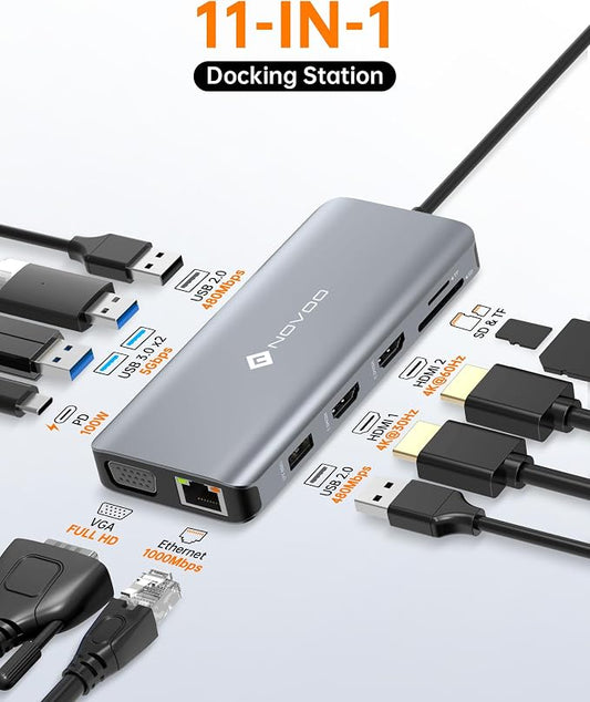 USB C Docking Station Dual HDMI Adapter, 11 in 1 Multi Display Docking Station - Image 2