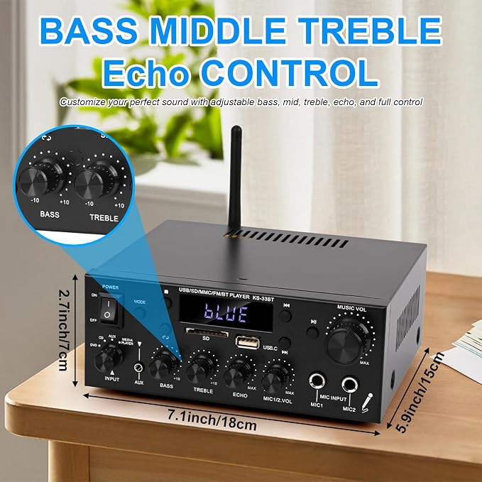 Romica Stereo Audio Amplifier, 2 Channel 500W Bluetooth 5.0 Home Theater Power - Image 6