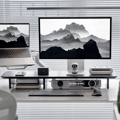 Bamboo Dual Monitor Stand Riser Black, 2-Tier Desk Monitor Riser by Rocdeer