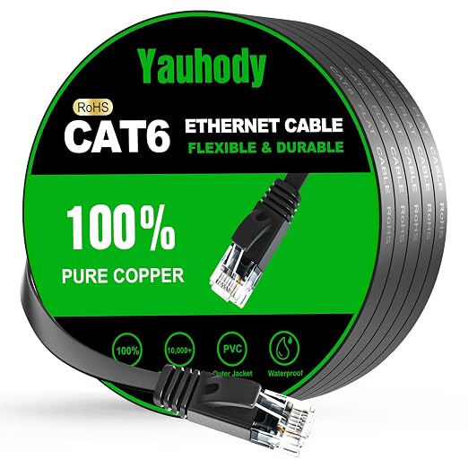 Yauhody CAT 6 Ethernet Cable 20ft Black, High Speed Solid Flat CAT6 Gigabit by Yauhody